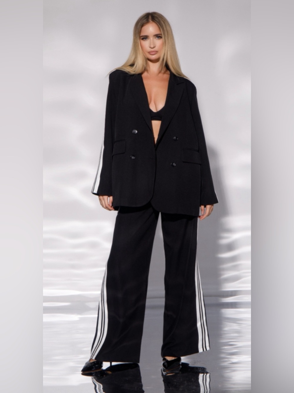 2pc Black Wide-Leg Track Stripe Pantsuit